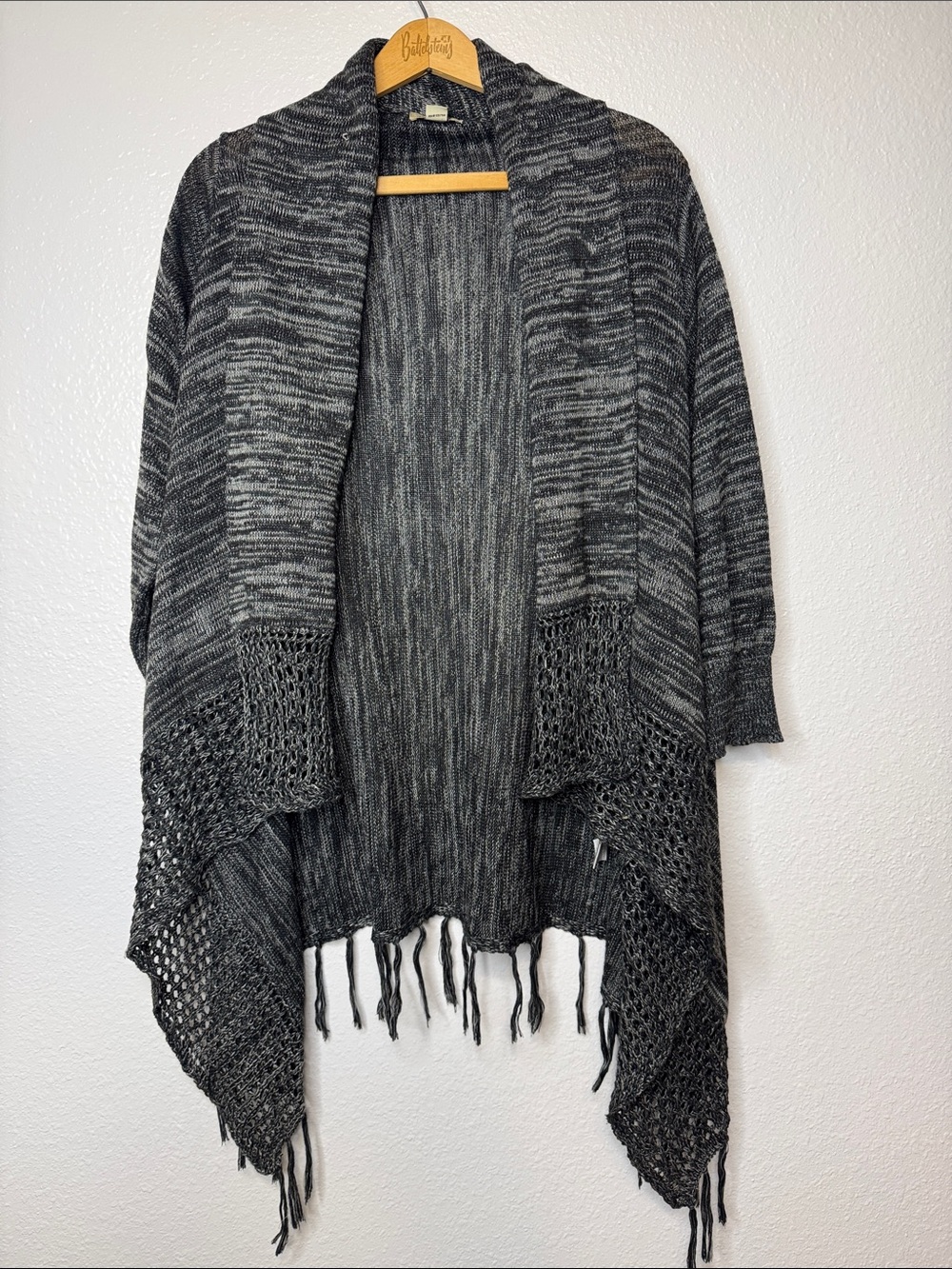 Black White Open Cardigan Knit Sweater sz XL One World Fringe Trim